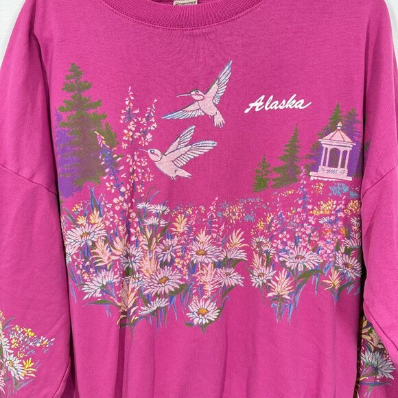 Vintage Alaska Wildflower Hummingbirds Painted Screenprinted Pink Sweatshirt - Picture 8 of 8